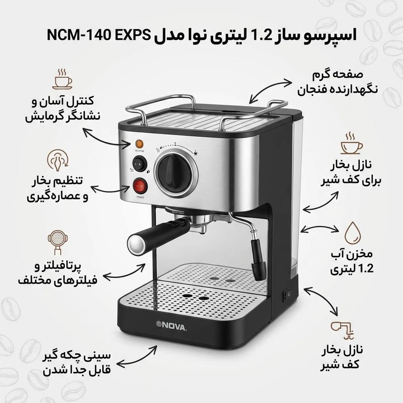 اسپرسو ساز نوا مدل NCM-140 ظرفیت ۱.۲ لیتر با فیلتر استیل
